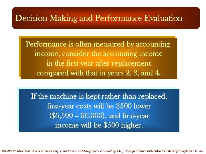 Decision Making and Performance Evaluation Performance is often measured by accounting income, consider the