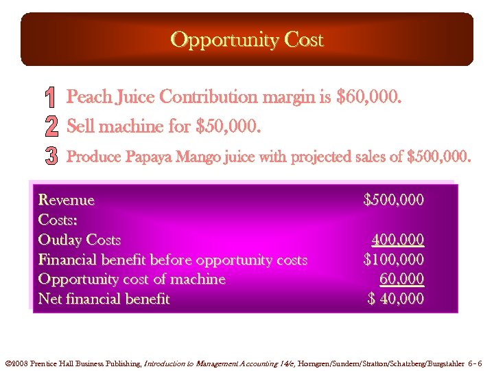 Opportunity Cost Peach Juice Contribution margin is $60, 000. Sell machine for $50, 000.