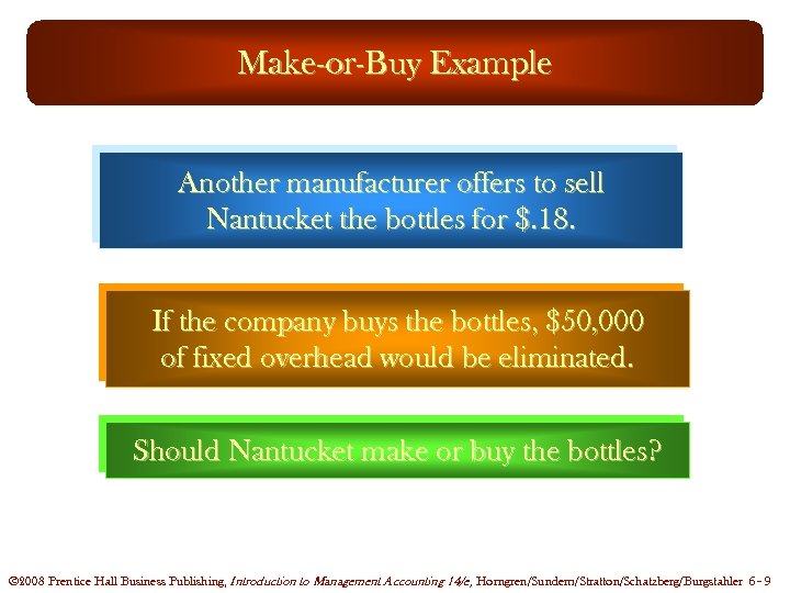 Make-or-Buy Example Another manufacturer offers to sell Nantucket the bottles for $. 18. If