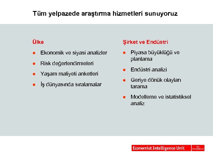 Tüm yelpazede araştırma hizmetleri sunuyoruz Ülke l Ekonomik ve siyasi analizler l Yaşam maliyeti