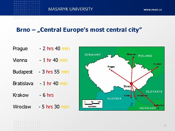 Brno – „Central Europe’s most central city” Prague - 2 hrs 40 min Vienna