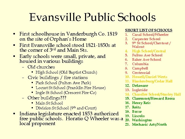 Evansville Public Schools • First schoolhouse in Vanderburgh Co. 1819 on the site of
