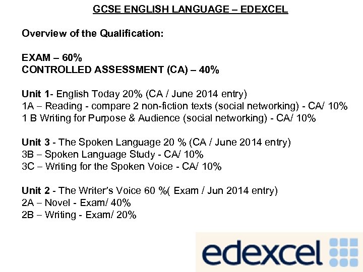GCSE ENGLISH LANGUAGE – EDEXCEL Overview of the Qualification: EXAM – 60% CONTROLLED ASSESSMENT
