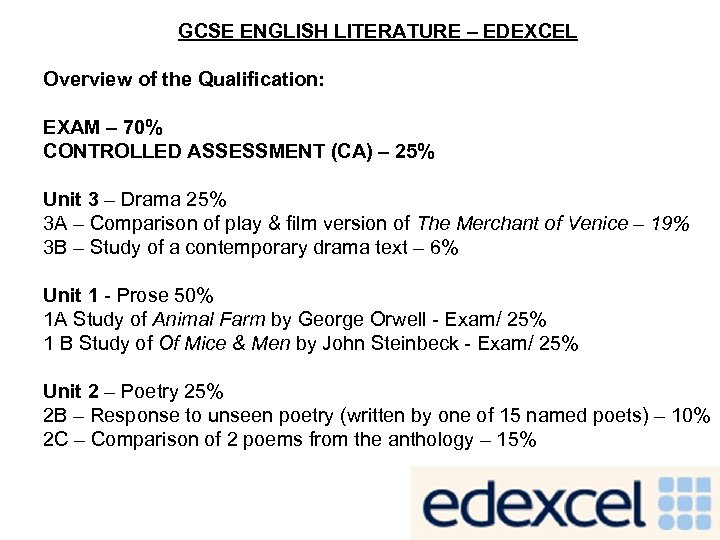 GCSE ENGLISH LITERATURE – EDEXCEL Overview of the Qualification: EXAM – 70% CONTROLLED ASSESSMENT