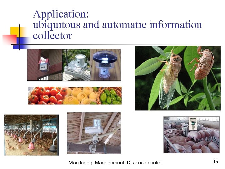 Application: ubiquitous and automatic information collector Monitoring, Management, Distance control 15 