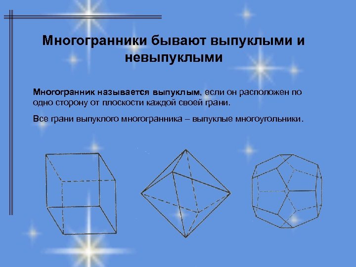 Многогранники бывают выпуклыми и невыпуклыми Многогранник называется выпуклым, если он расположен по одно сторону