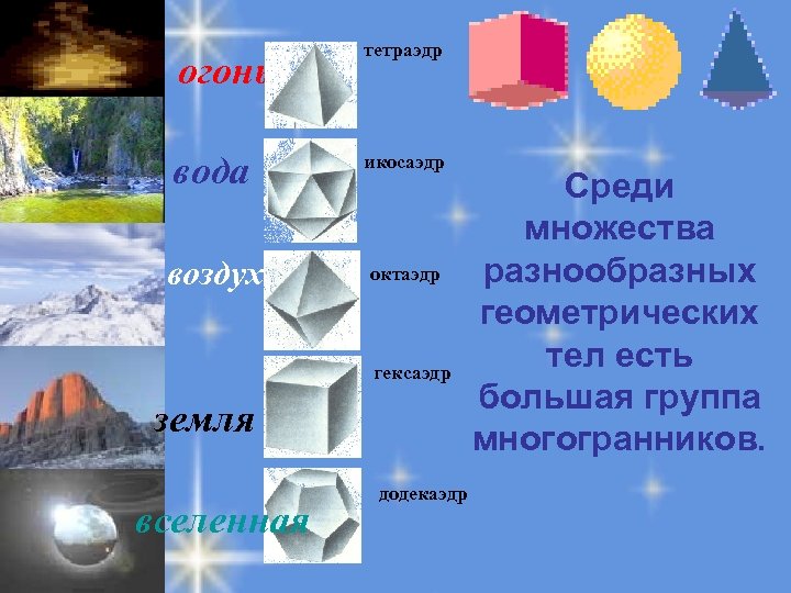 тетраэдр огонь вода воздух икосаэдр октаэдр гексаэдр земля вселенная додекаэдр Среди множества разнообразных геометрических