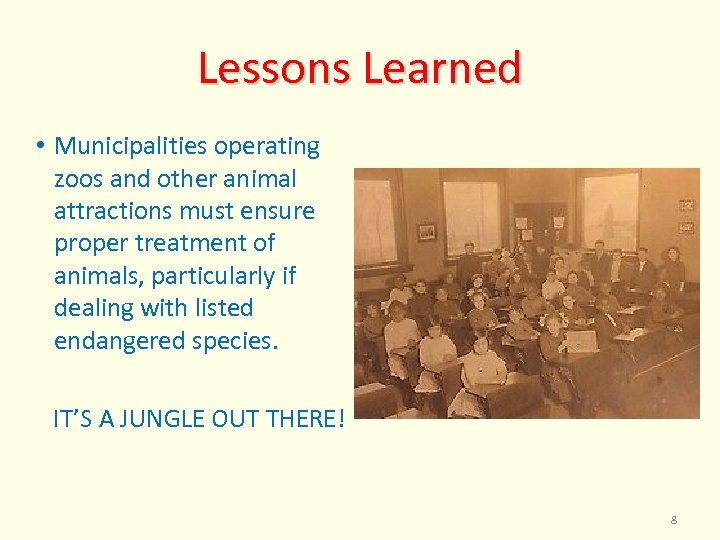 Lessons Learned • Municipalities operating zoos and other animal attractions must ensure proper treatment
