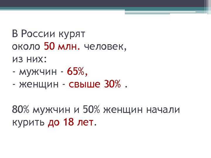 В России курят около 50 млн. человек, из них: - мужчин - 65%, -