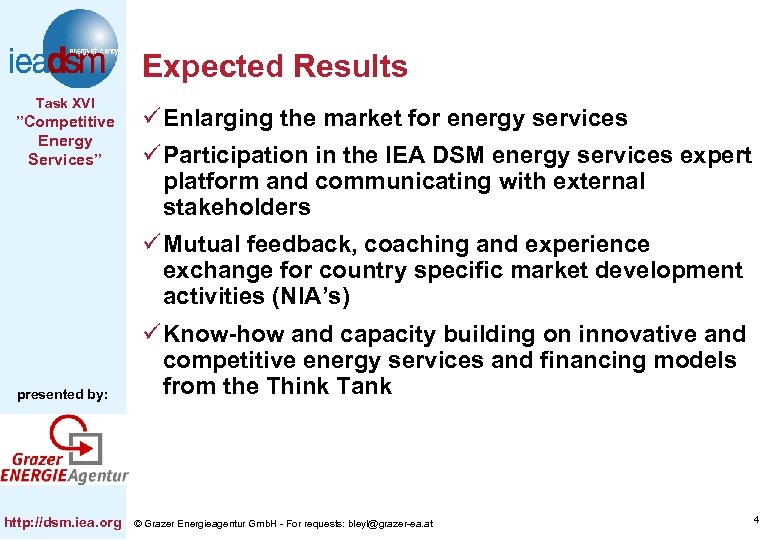 Expected Results Task XVI ”Competitive Energy Services” ü Enlarging the market for energy services