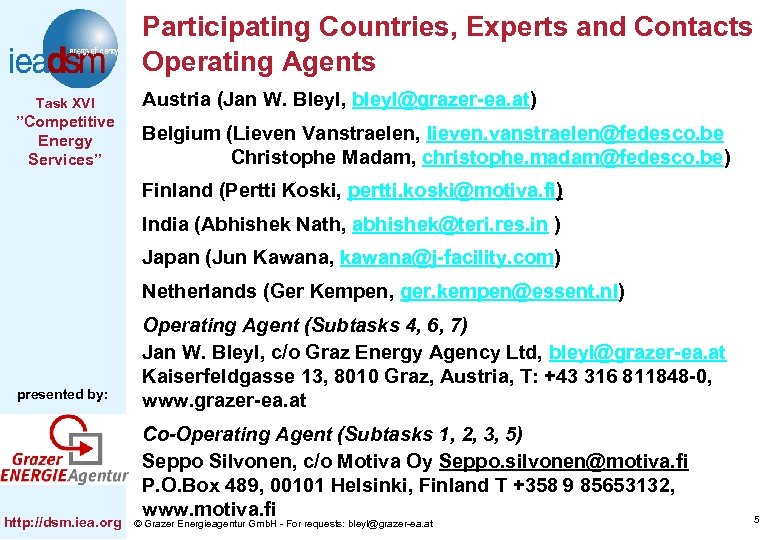 Participating Countries, Experts and Contacts Operating Agents Task XVI ”Competitive Energy Services” Austria (Jan