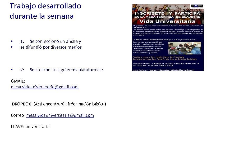 Trabajo desarrollado durante la semana • • 1: Se confeccionó un afiche y se