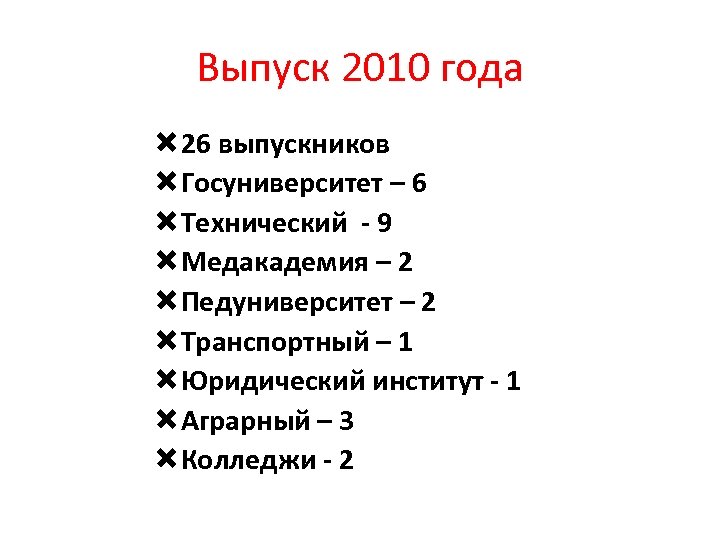 Выпуск 2010 года 26 выпускников Госуниверситет – 6 Технический - 9 Медакадемия – 2