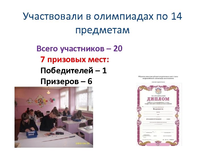 Участвовали в олимпиадах по 14 предметам Всего участников – 20 7 призовых мест: Победителей