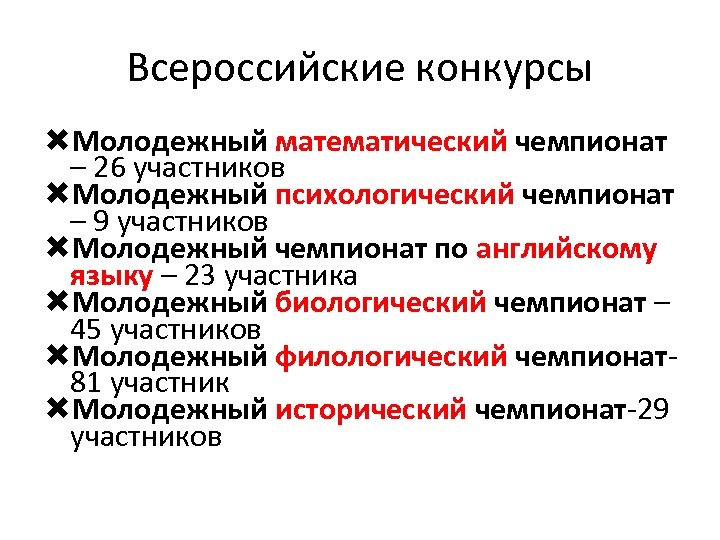 Всероссийские конкурсы Молодежный математический чемпионат – 26 участников Молодежный психологический чемпионат – 9 участников