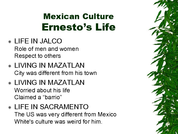 Mexican Culture Ernesto’s Life LIFE IN JALCO Role of men and women Respect to