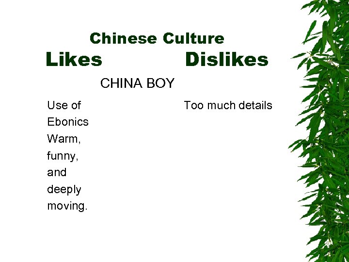 Chinese Culture Likes Dislikes CHINA BOY Use of Ebonics Warm, funny, and deeply moving.