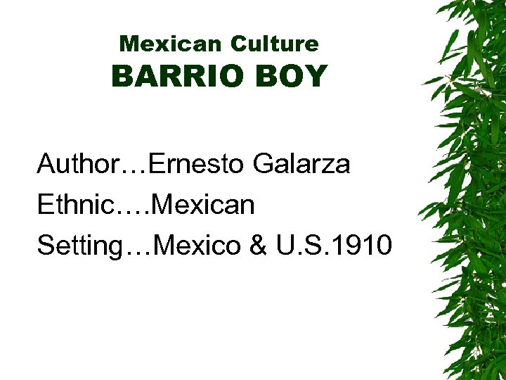 Mexican Culture BARRIO BOY Author…Ernesto Galarza Ethnic…. Mexican Setting…Mexico & U. S. 1910 