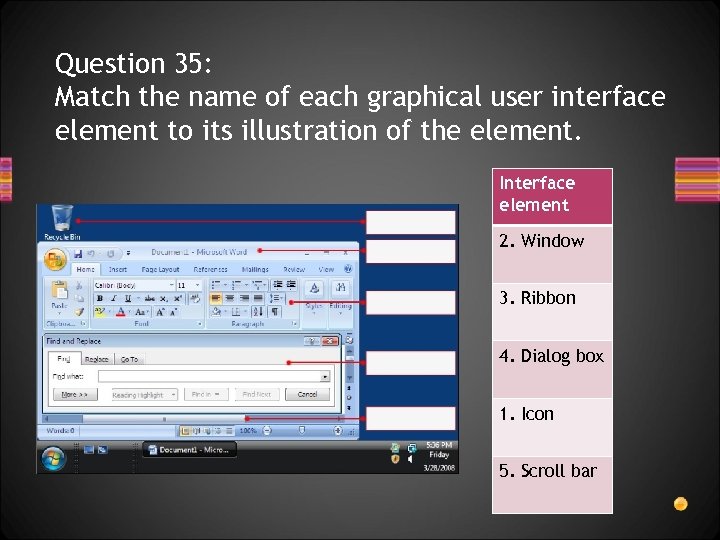 Question 35: Match the name of each graphical user interface element to its illustration