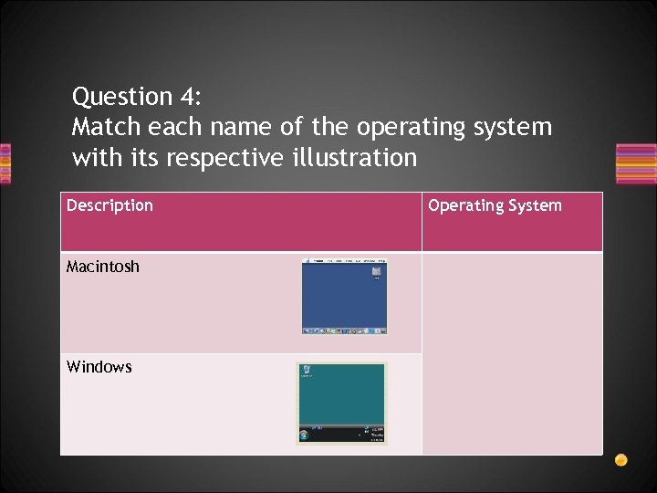 Question 4: Match each name of the operating system with its respective illustration Description