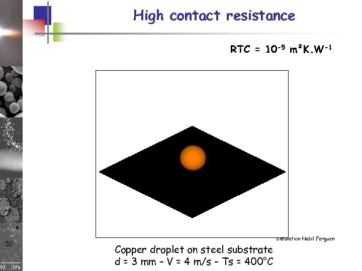 High contact resistance RTC = 10 -5 m²K. W-1 30 Copper droplet on steel