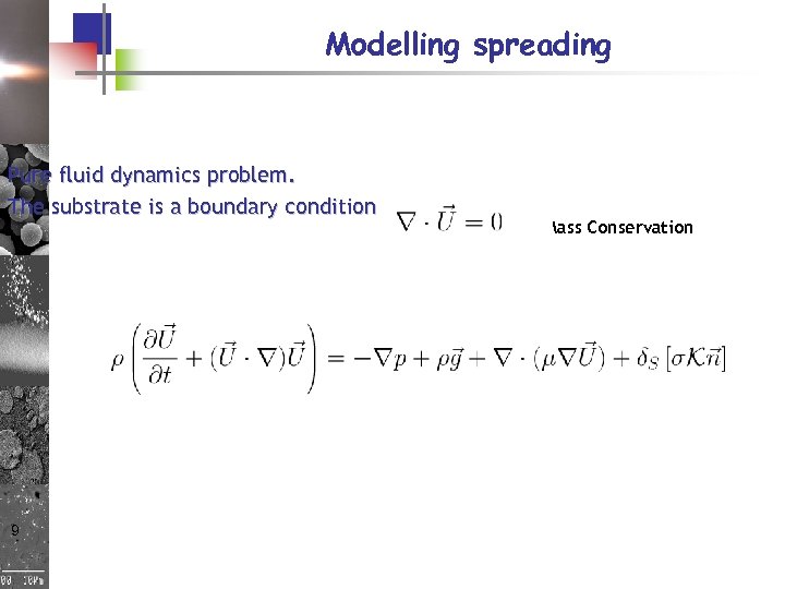 Modelling spreading Pure fluid dynamics problem. The substrate is a boundary condition Mass Conservation