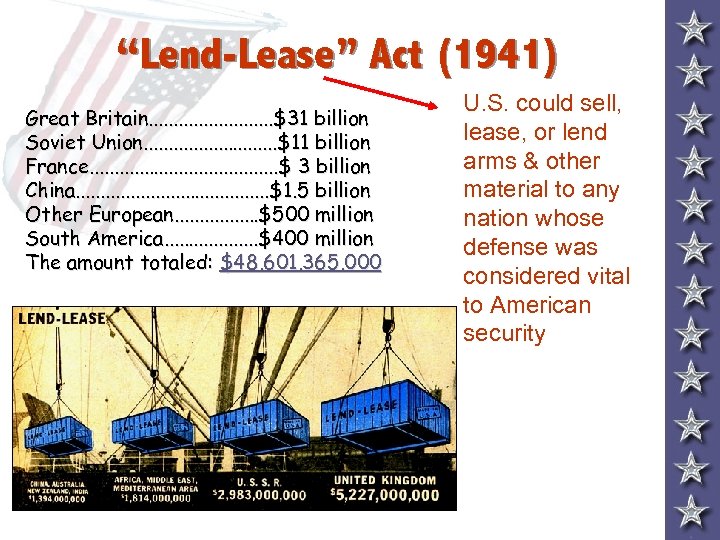 “Lend-Lease” Act (1941) Great Britain. . . $31 billion Soviet Union. . . .