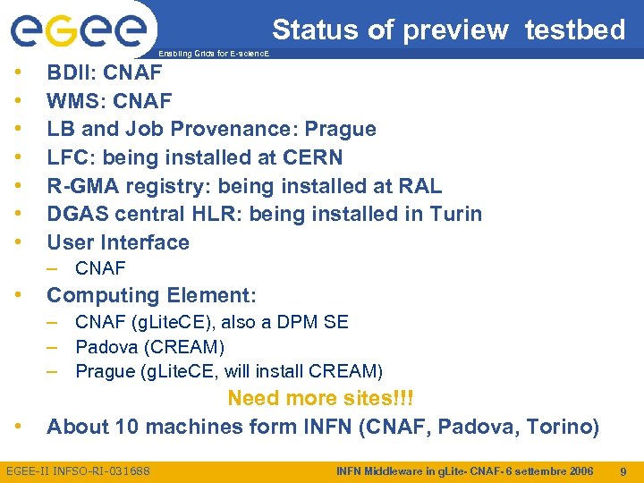 Status of preview testbed Enabling Grids for E-scienc. E • • BDII: CNAF WMS: