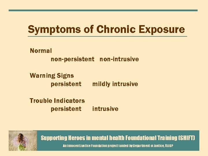 Symptoms of Chronic Exposure Normal non-persistent non-intrusive Warning Signs persistent mildly intrusive Trouble Indicators