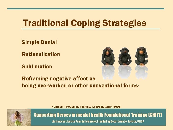 Traditional Coping Strategies Simple Denial Rationalization Sublimation Reframing negative affect as being overworked or