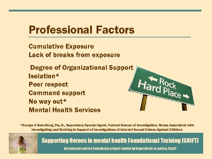 Professional Factors Cumulative Exposure Lack of breaks from exposure Degree of Organizational Support Isolation*