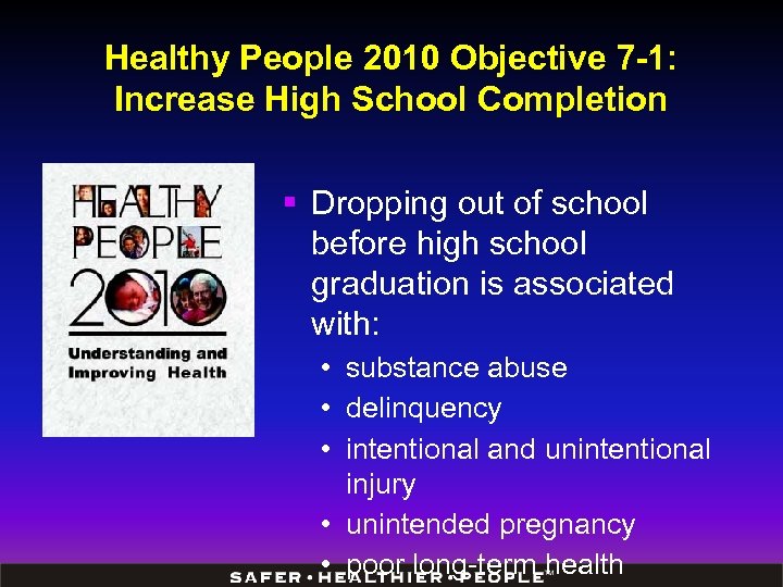 Healthy People 2010 Objective 7 -1: Increase High School Completion § Dropping out of