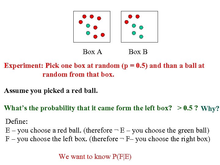 Box A Box B Experiment: Pick one box at random (p = 0. 5)