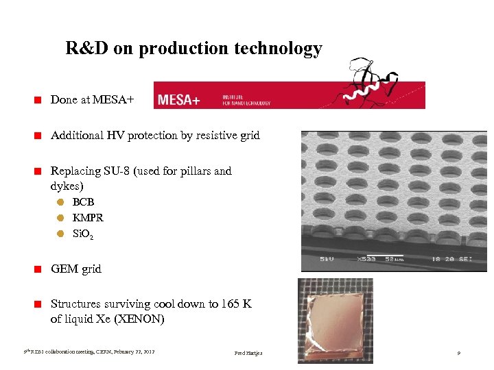 R&D on production technology Done at MESA+ Additional HV protection by resistive grid Replacing