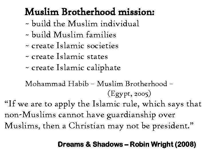 Muslim Brotherhood mission: ~ build the Muslim individual ~ build Muslim families ~ create