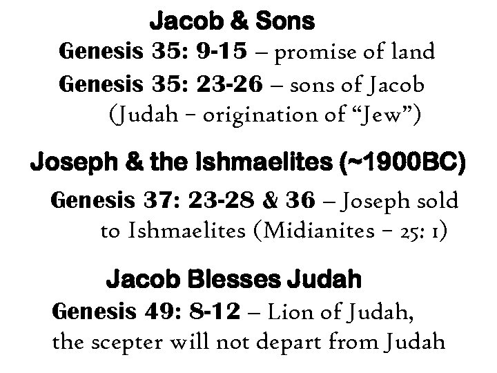 Jacob & Sons Genesis 35: 9 -15 – promise of land Genesis 35: 23