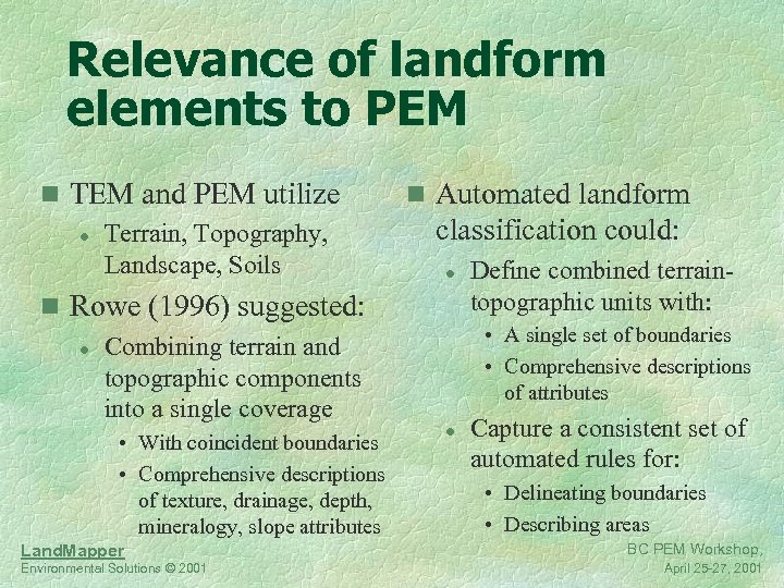 Relevance of landform elements to PEM n TEM and PEM utilize l Terrain, Topography,