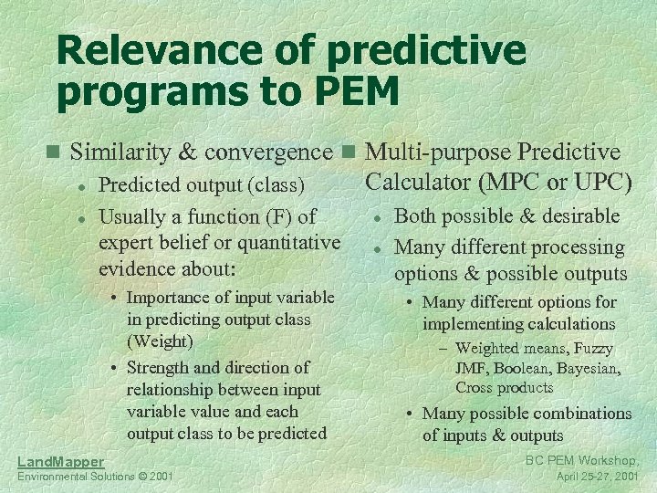Relevance of predictive programs to PEM n Similarity & convergence n Multi-purpose Predictive Calculator