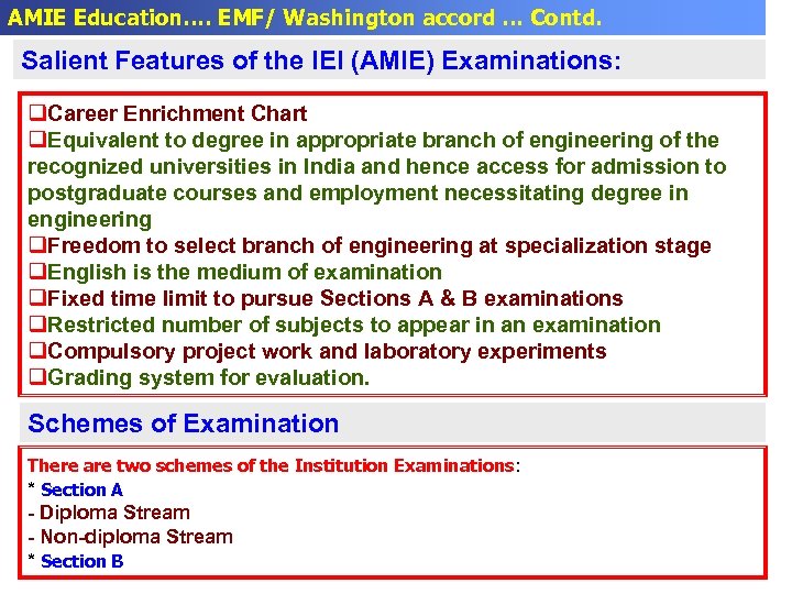 AMIE Education…. EMF/ Washington accord … Contd. Salient Features of the IEI (AMIE) Examinations:
