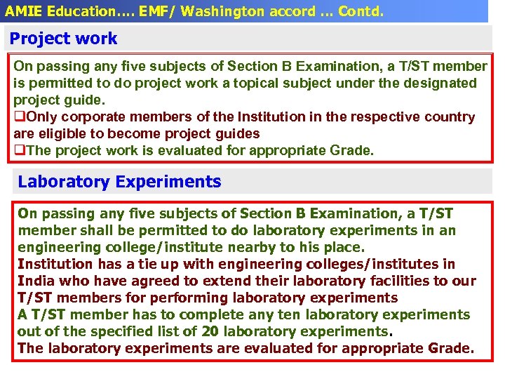 AMIE Education…. EMF/ Washington accord … Contd. Project work On passing any five subjects