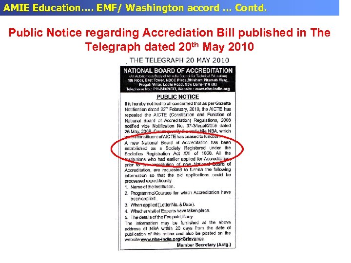 AMIE Education…. EMF/ Washington accord … Contd. Public Notice regarding Accrediation Bill published in