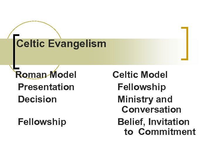 Celtic Evangelism Roman Model Celtic Model Presentation Fellowship Decision Ministry and Conversation Fellowship Belief,