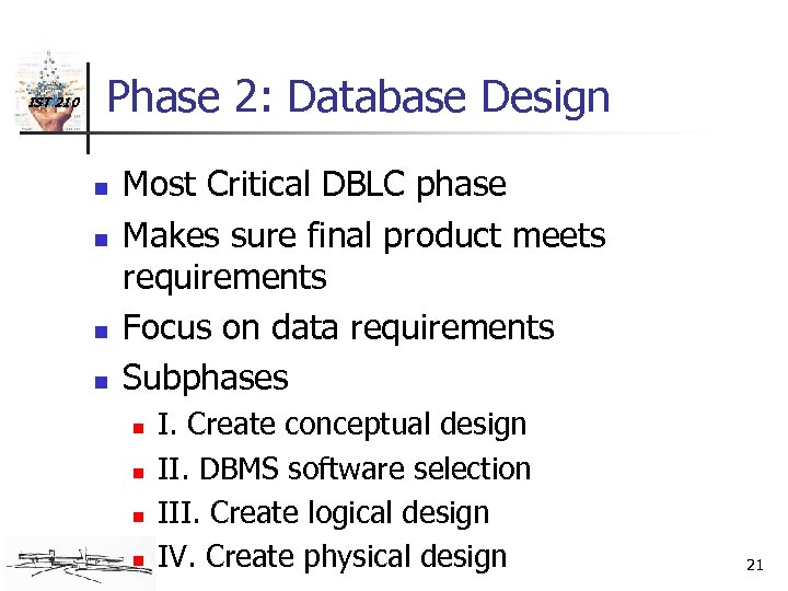 IST 210 Phase 2: Database Design n n Most Critical DBLC phase Makes sure