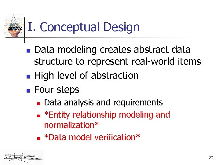 IST 210 I. Conceptual Design n Data modeling creates abstract data structure to represent