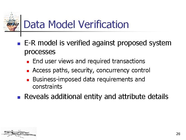 IST 210 n Data Model Verification E-R model is verified against proposed system processes
