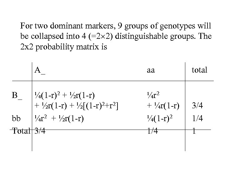 For two dominant markers, 9 groups of genotypes will be collapsed into 4 (=2