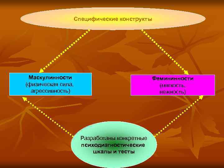 Специфические конструкты Маскулинности (физическая сила, агрессивность) Фемининности (мягкость, нежность) Разработаны конкретные психодиагностические шкалы и