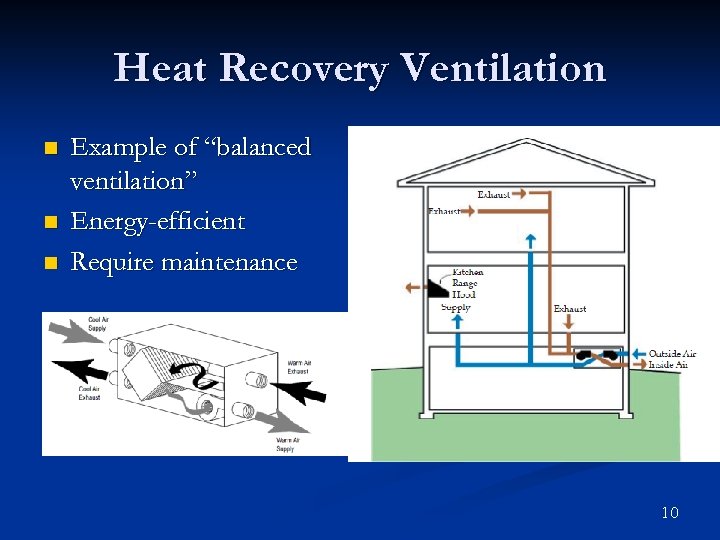 Heat Recovery Ventilation n Example of “balanced ventilation” Energy-efficient Require maintenance 10 