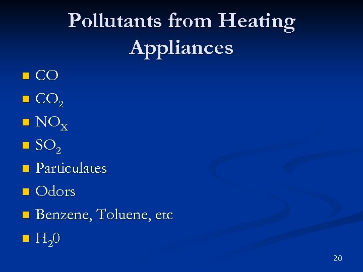 Pollutants from Heating Appliances CO n CO 2 n NOX n SO 2 n