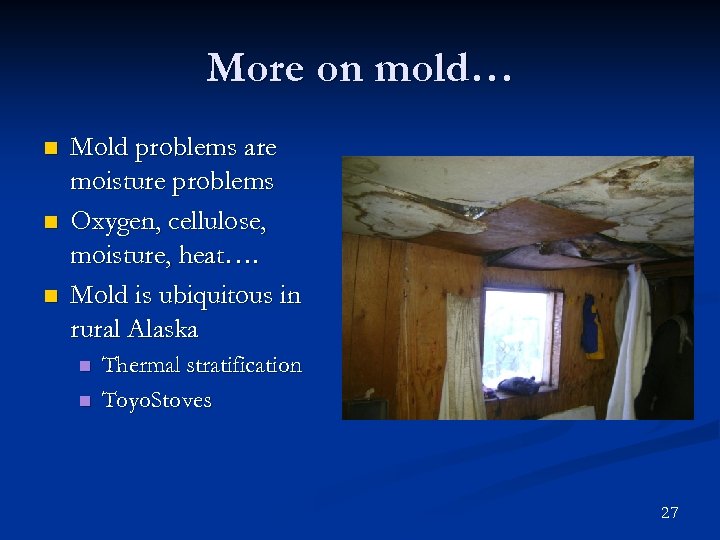 More on mold… n n n Mold problems are moisture problems Oxygen, cellulose, moisture,